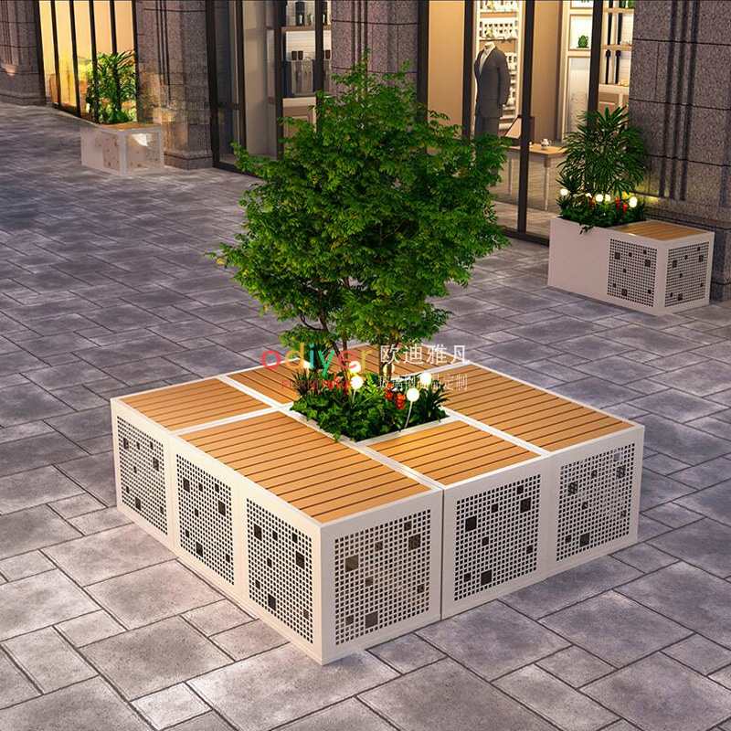 不锈钢方形坐凳防腐木面镂空树池座椅