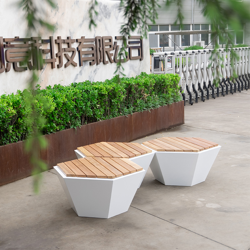 六边形不锈钢木面艺术景观坐凳